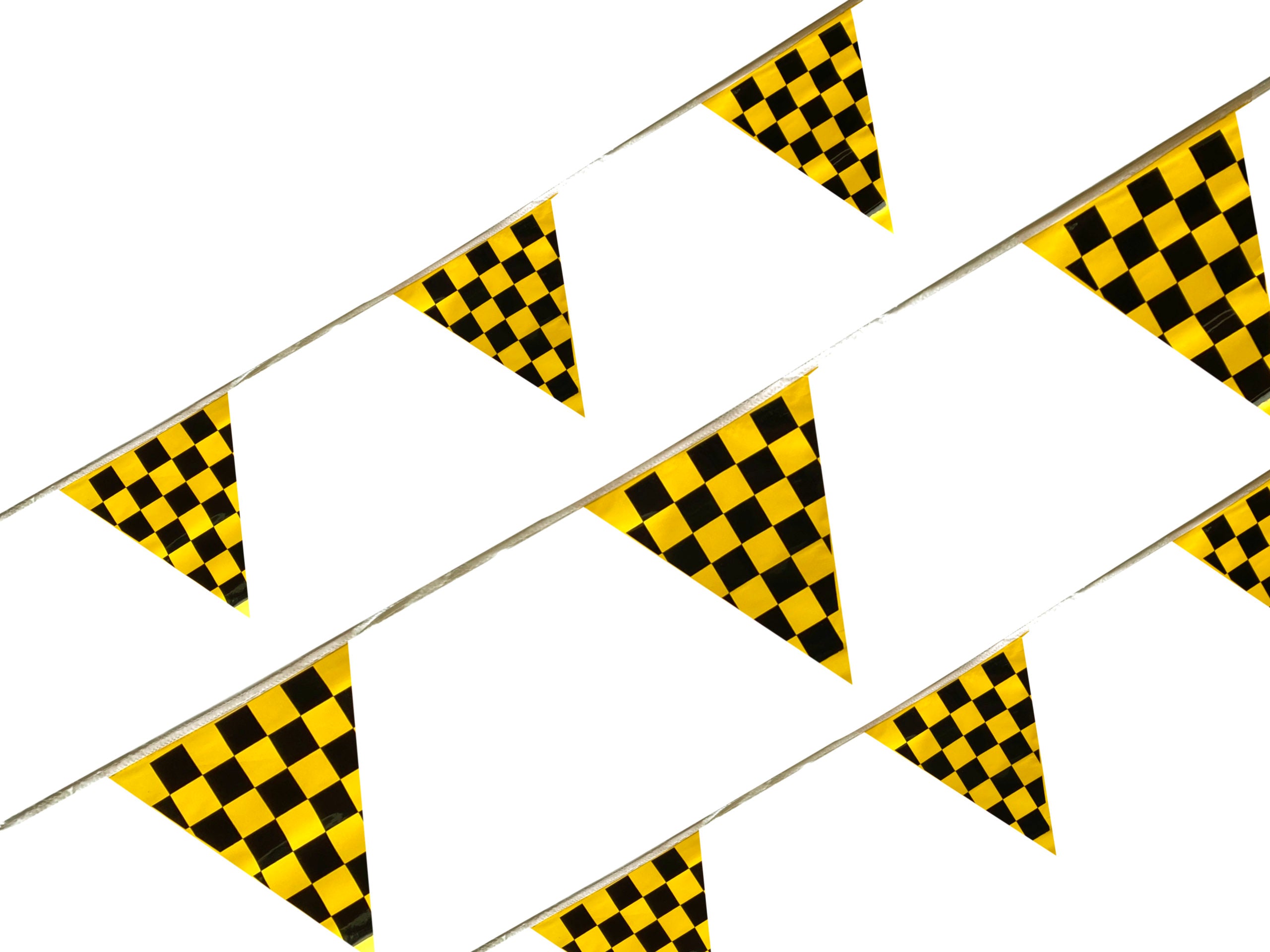 Tira de banderín de plástico polietileno de 50 metros con diseño impreso a cuadros amarillos y negros, ideal para eventos deportivos y decoración de fiestas, con 85 banderines de 34 cm de largo y 28 cm de ancho, apta para exteriores. Tira de banderín de plástico polietileno de 50 metros con diseño impreso a cuadros amarillos y negros, ideal para eventos deportivos y decoración de fiestas, con 85 banderines de 34 cm de largo y 28 cm de ancho, apta para exteriores.